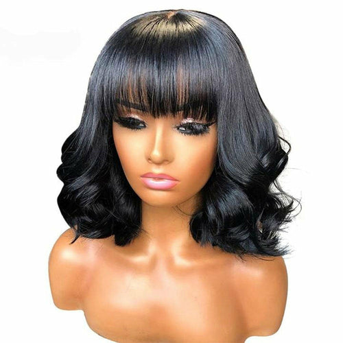 BeuMax Short Bob Body Wave Human Hair Wig with Bangs