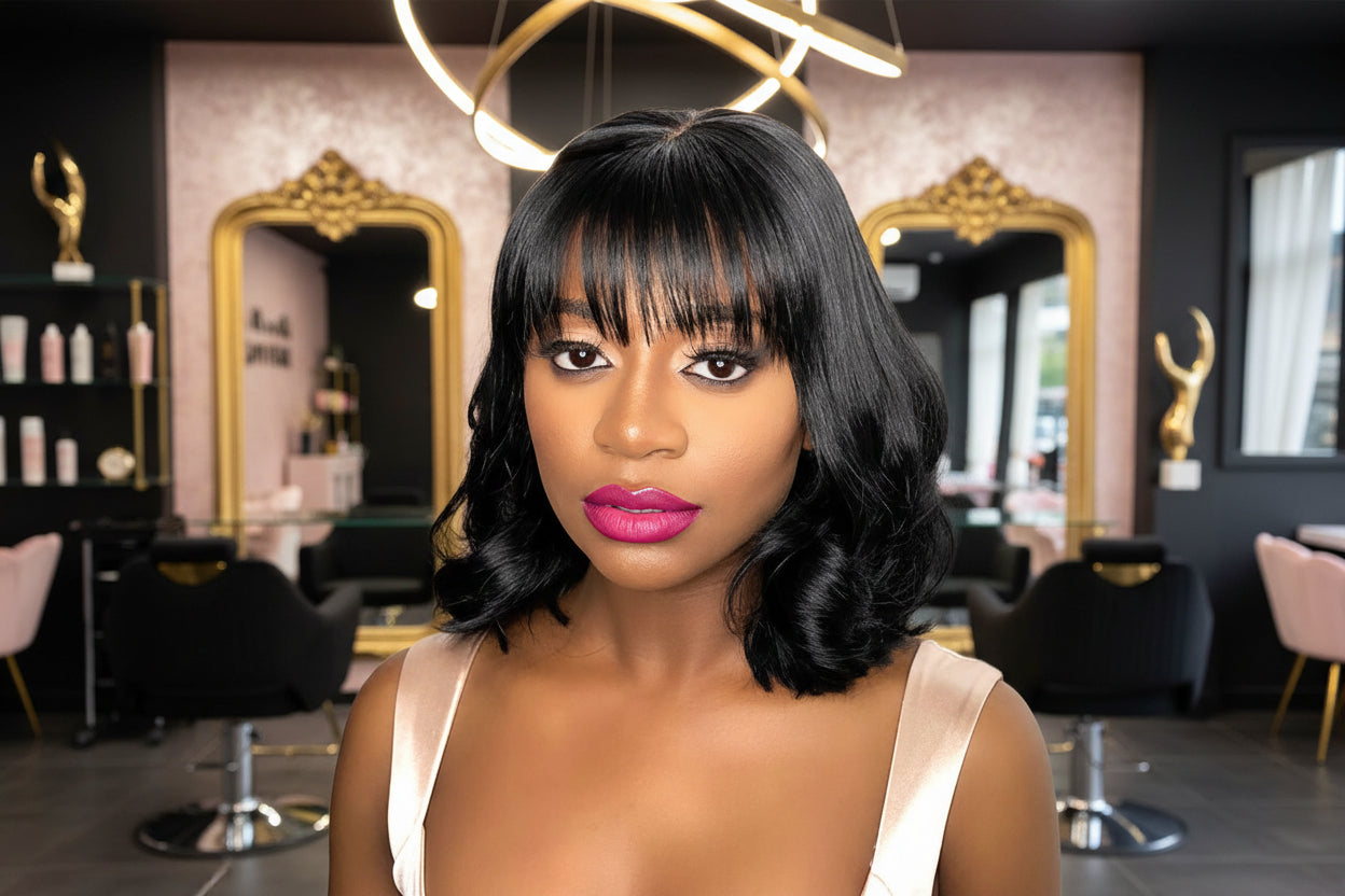 BeuMax Short Bob Body Wave Human Hair Wig with Bangs