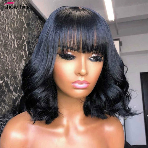 BeuMax Short Bob Body Wave Human Hair Wig with Bangs